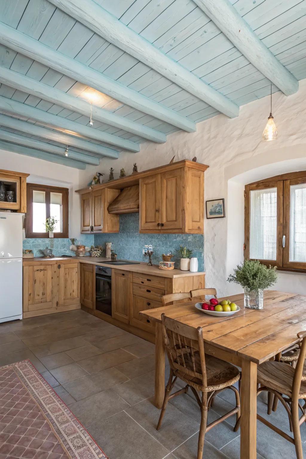 A charming kitchen with a light blue ceiling for a unique touch.