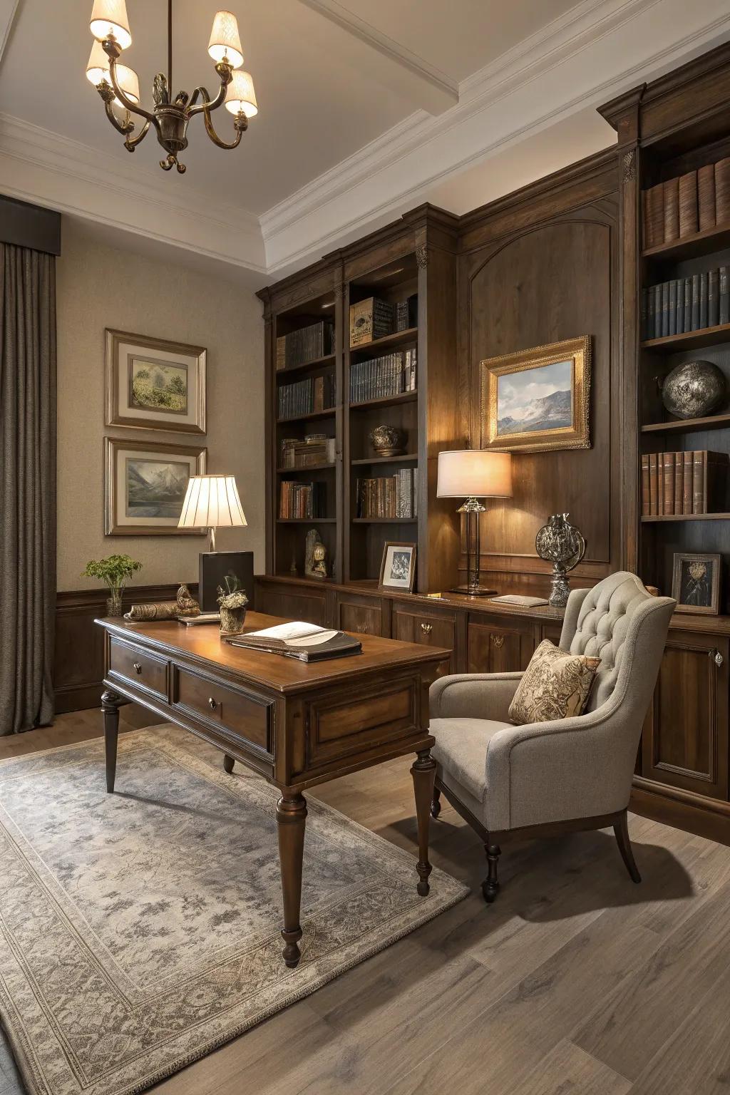 Light gray pecan flooring adds sophistication to this classic study.