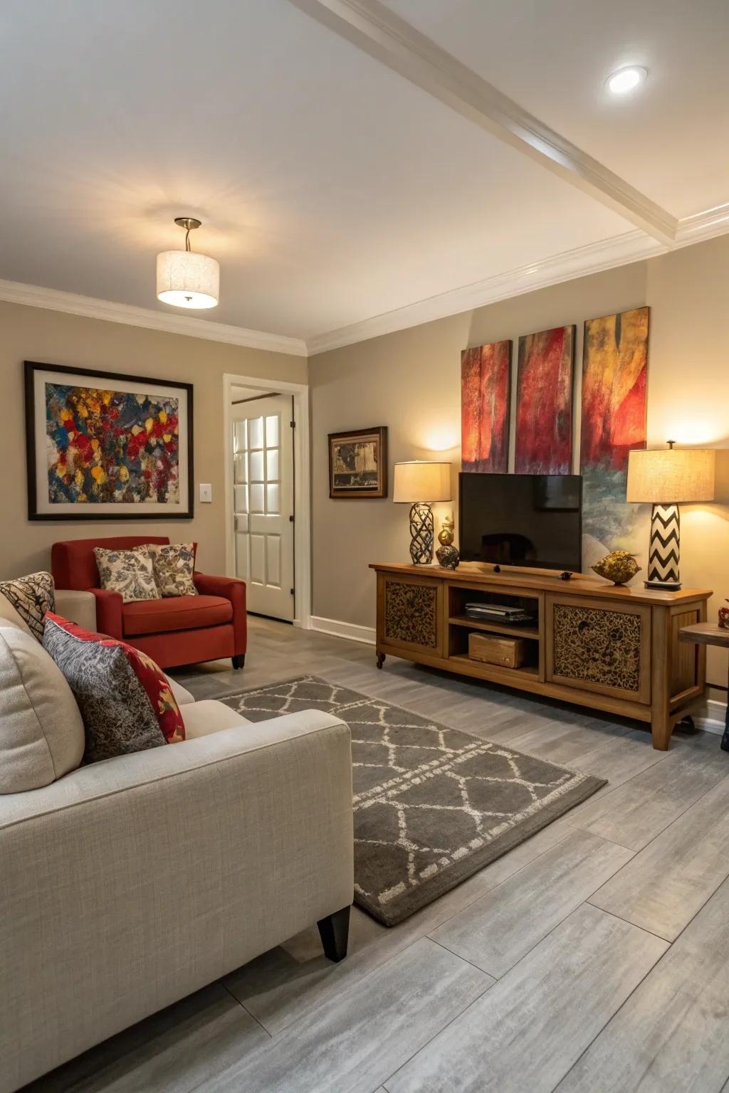 A creative living room featuring light grey flooring and striking art.