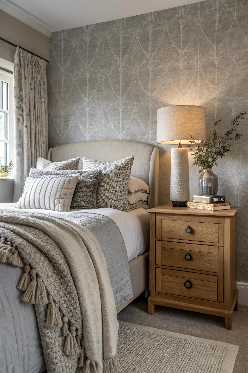 Layered textures maximize the coziness of a light grey bedroom.