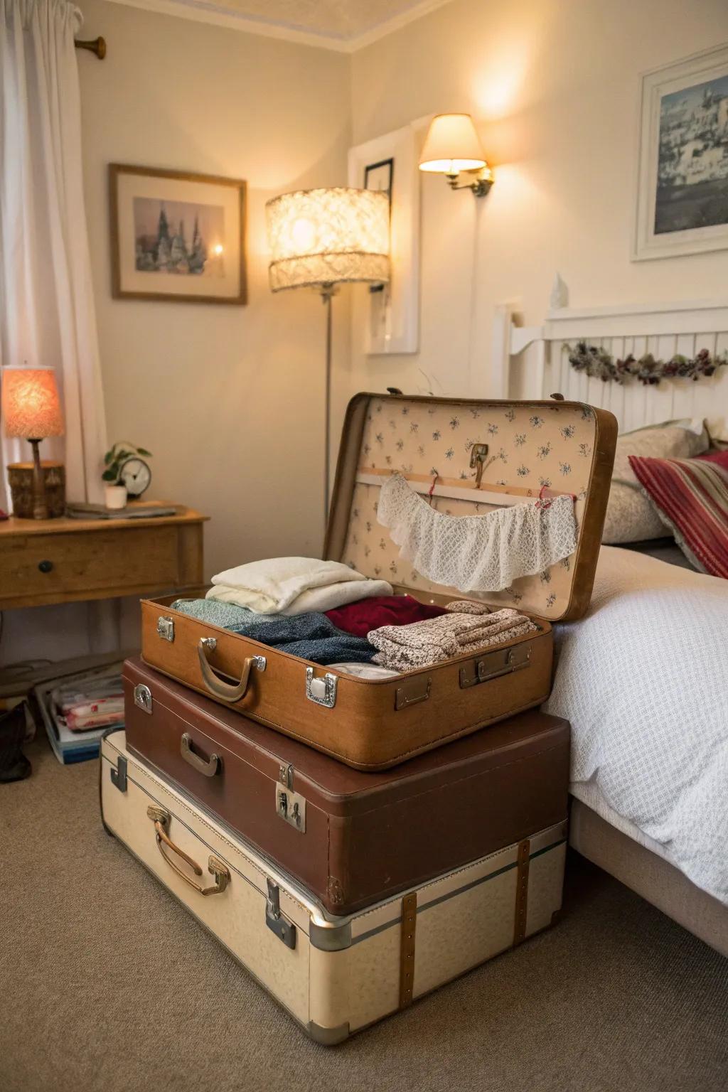 Old-fashioned suitcases combine nostalgia with practical lingerie storage.
