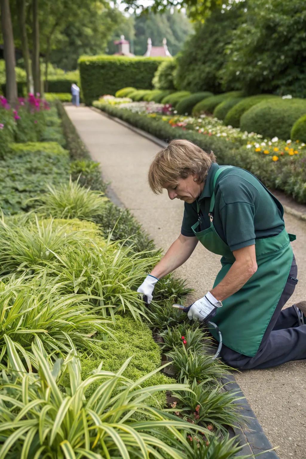 A flourishing Whispering Grass border, sustained with care and attention.