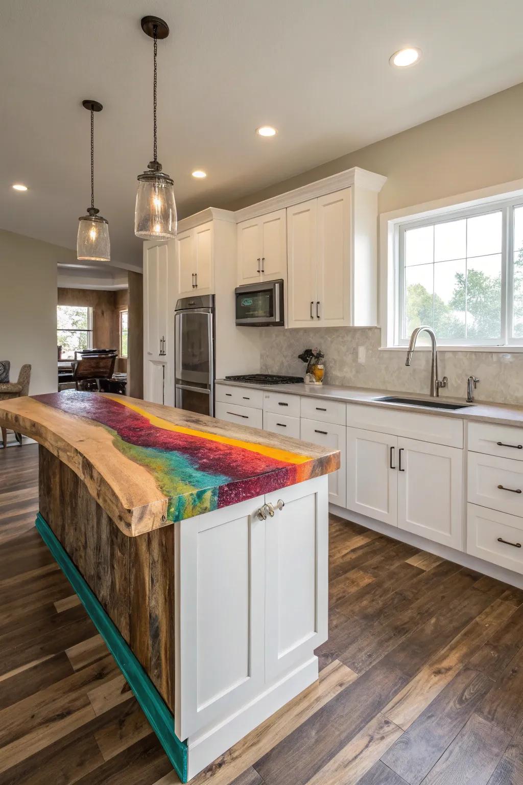A colorful countertop that adds a pop of color to a kitchen.