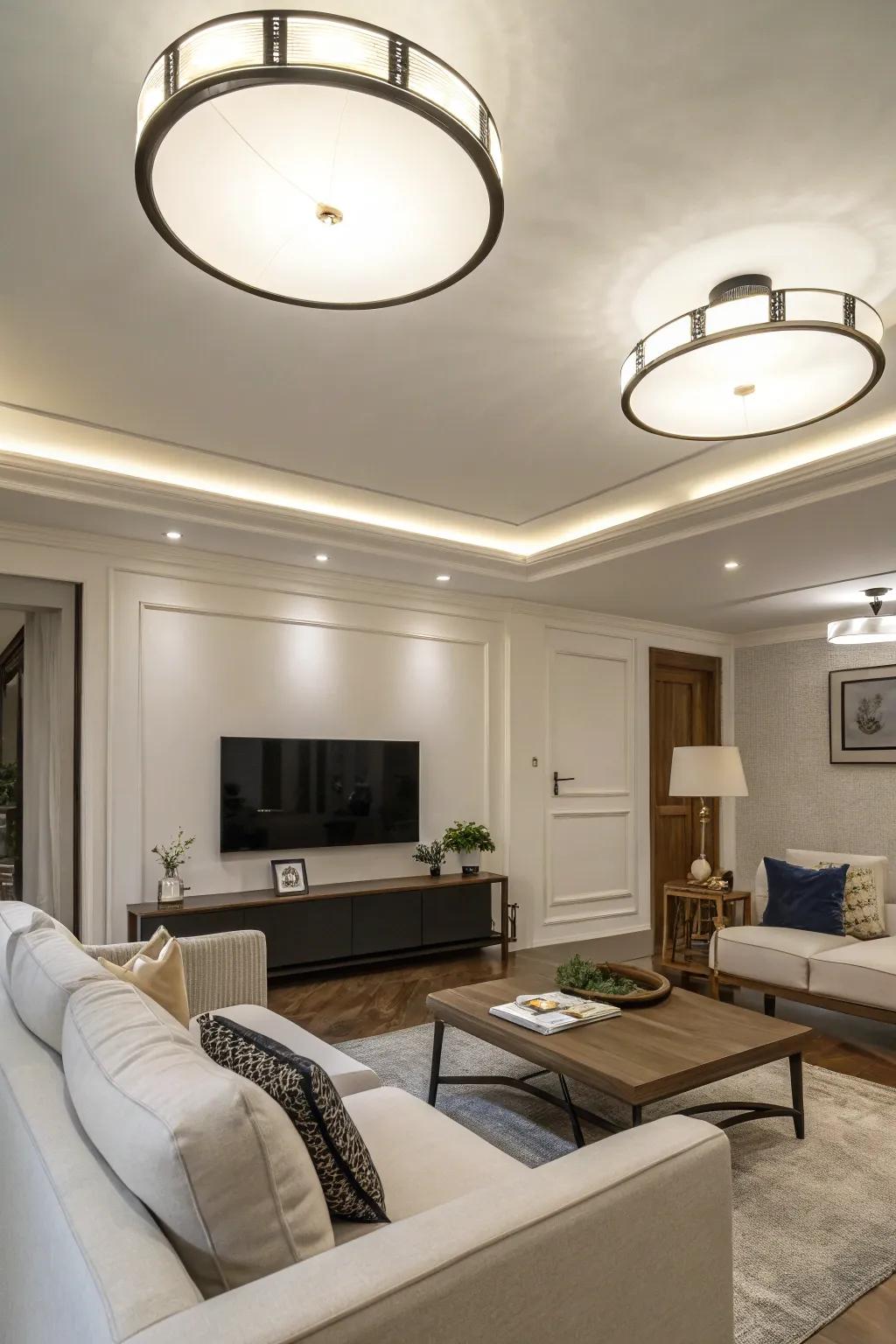 Surface-mounted lights provide streamlined and minimalist lighting.