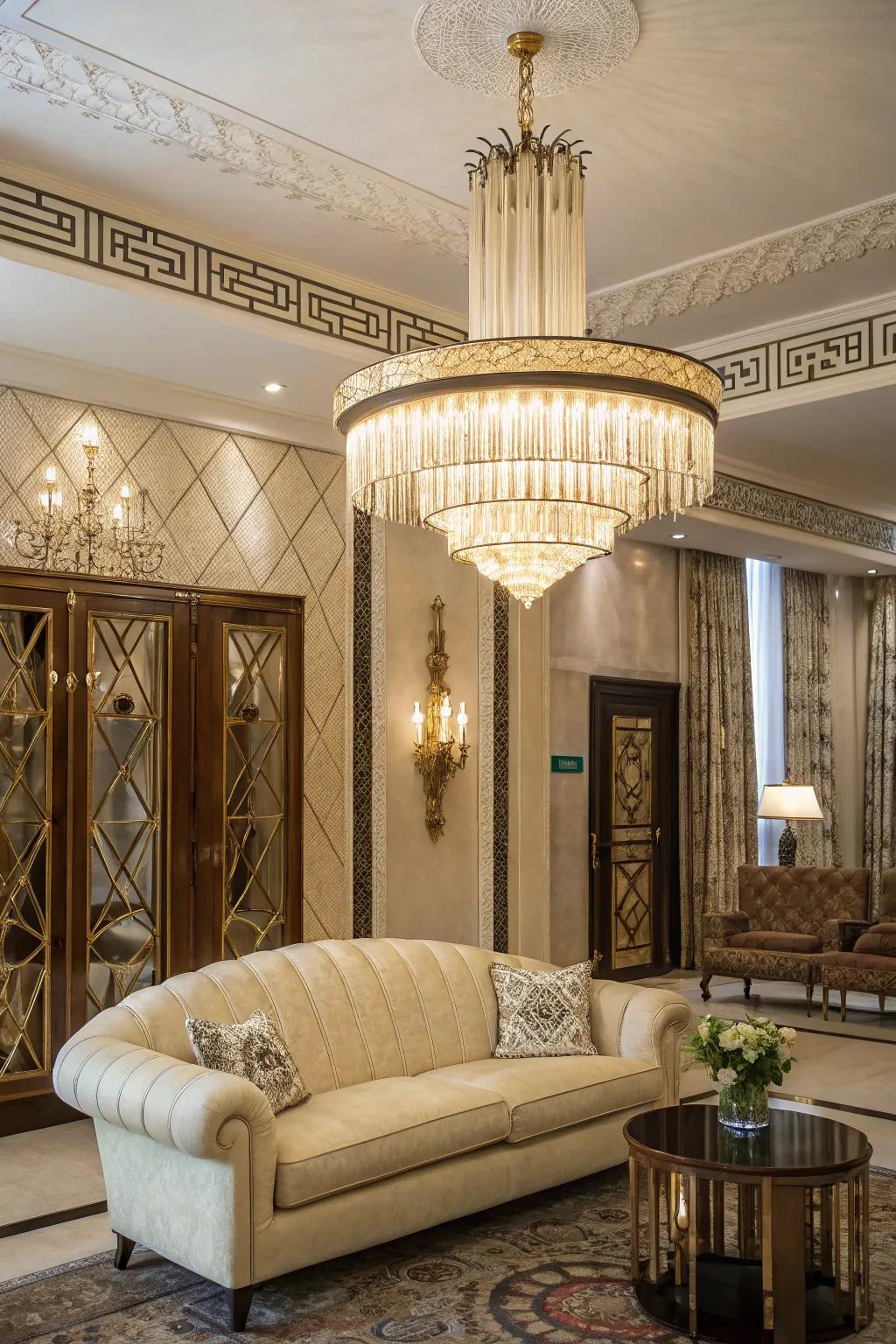 A living room showcasing an Art Moderne chandelier with intricate patterns.