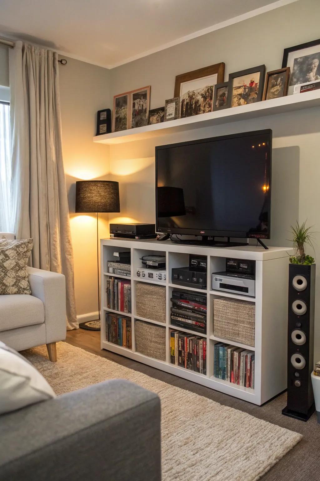 A space-saving entertainment center made from versatile cube storage.