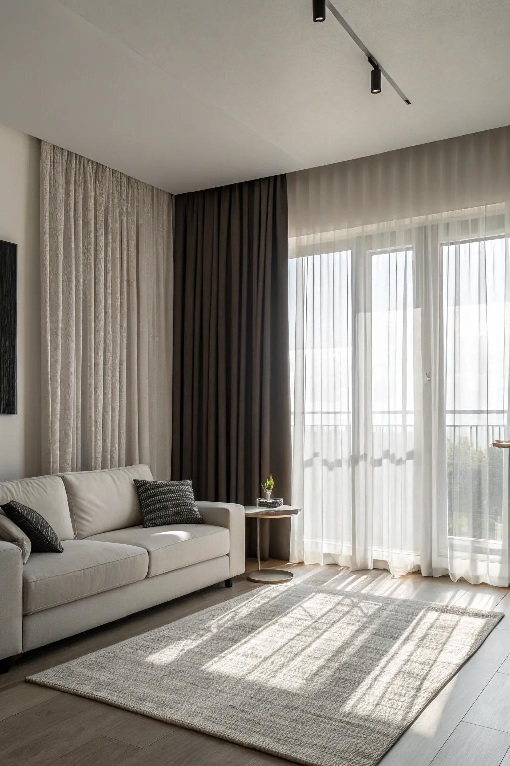 Monochrome curtains bring a minimalist and sleek aesthetic.