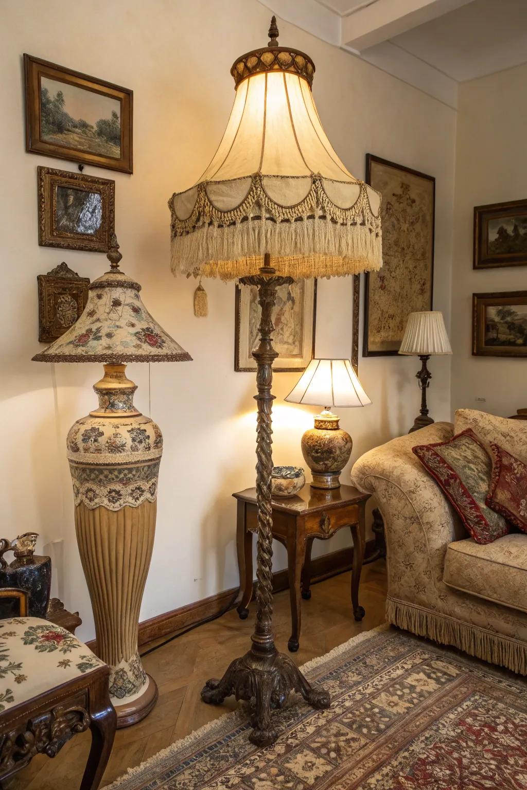 A living room with a vintage style featuring an antique floor lamp.