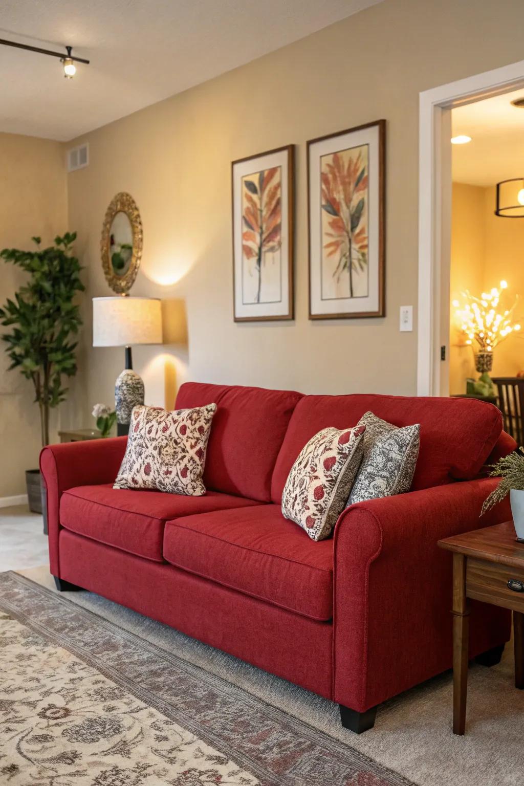 Statement walls foster harmony and depth, perfectly enhancing a scarlet sofa.