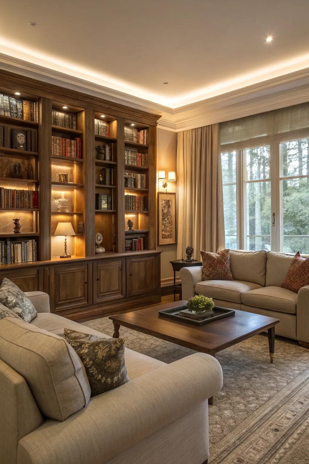A balanced lounge design featuring built-in shelves.