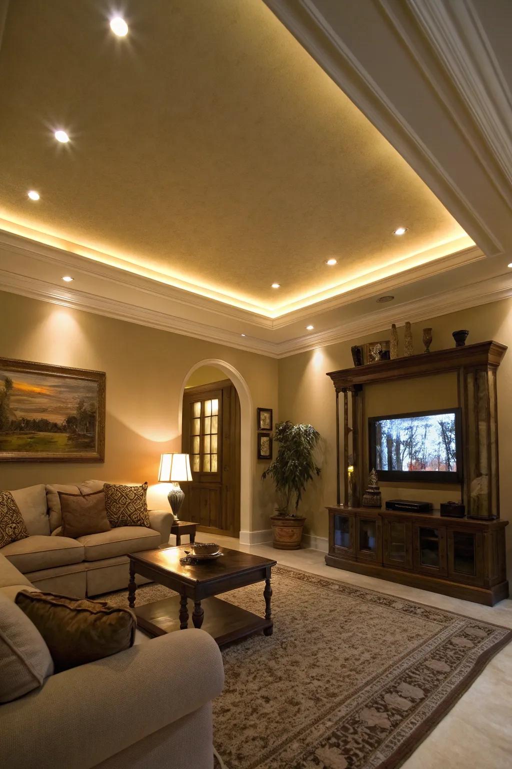 Upward lighting adds drama and the appearance of height to low ceilings.