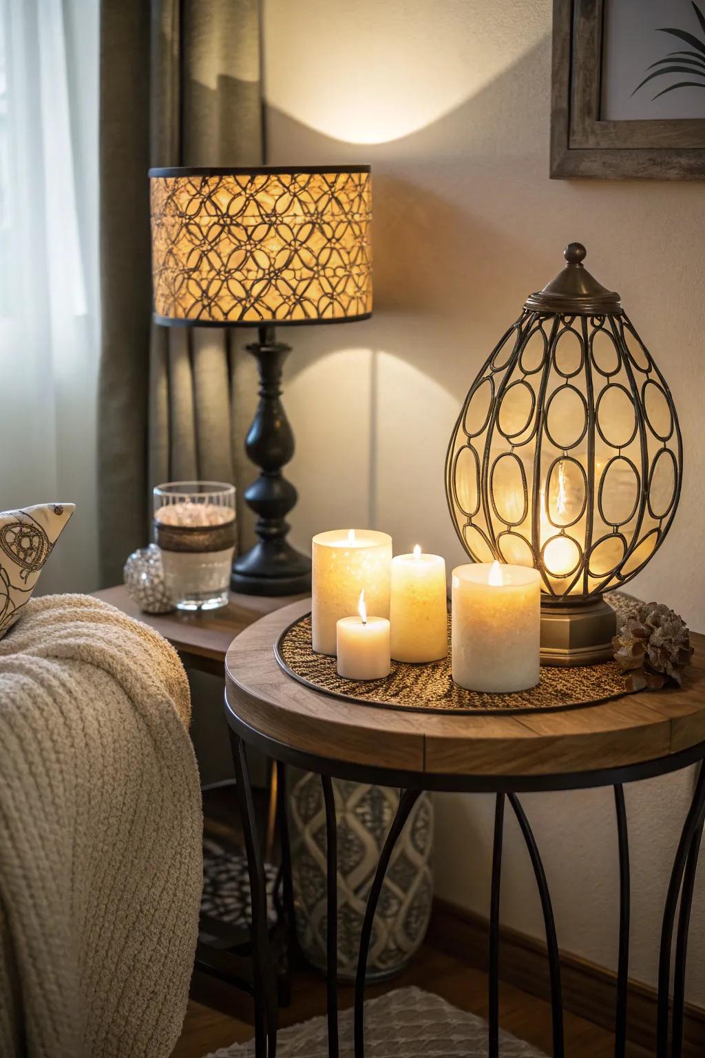 Lighting enhances the atmosphere and draws attention to side tables.