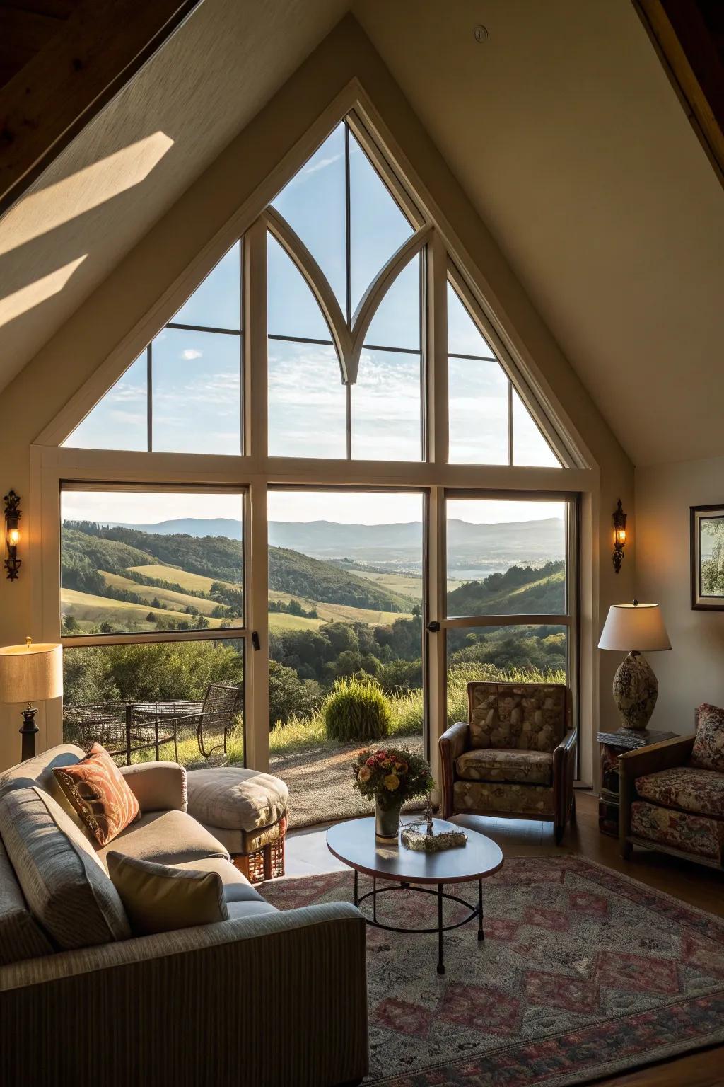 Creative window structures enhancing artistic flair to the lounge.