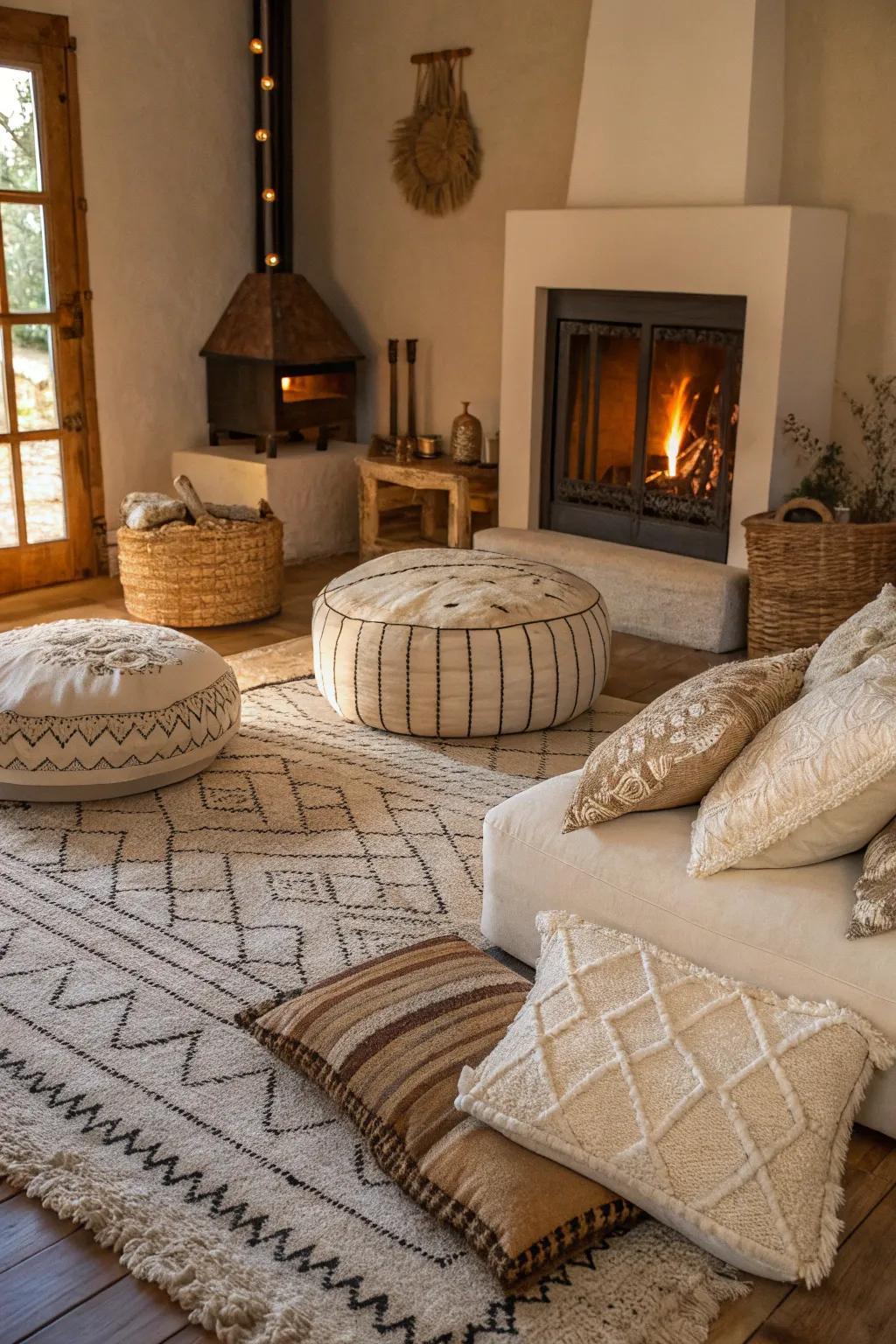 A living room enriched with textured rugs and cushions around the fireplace.