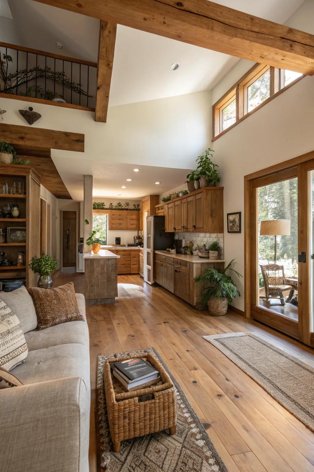 Wood and earthy materials bring warmth and texture to the design.