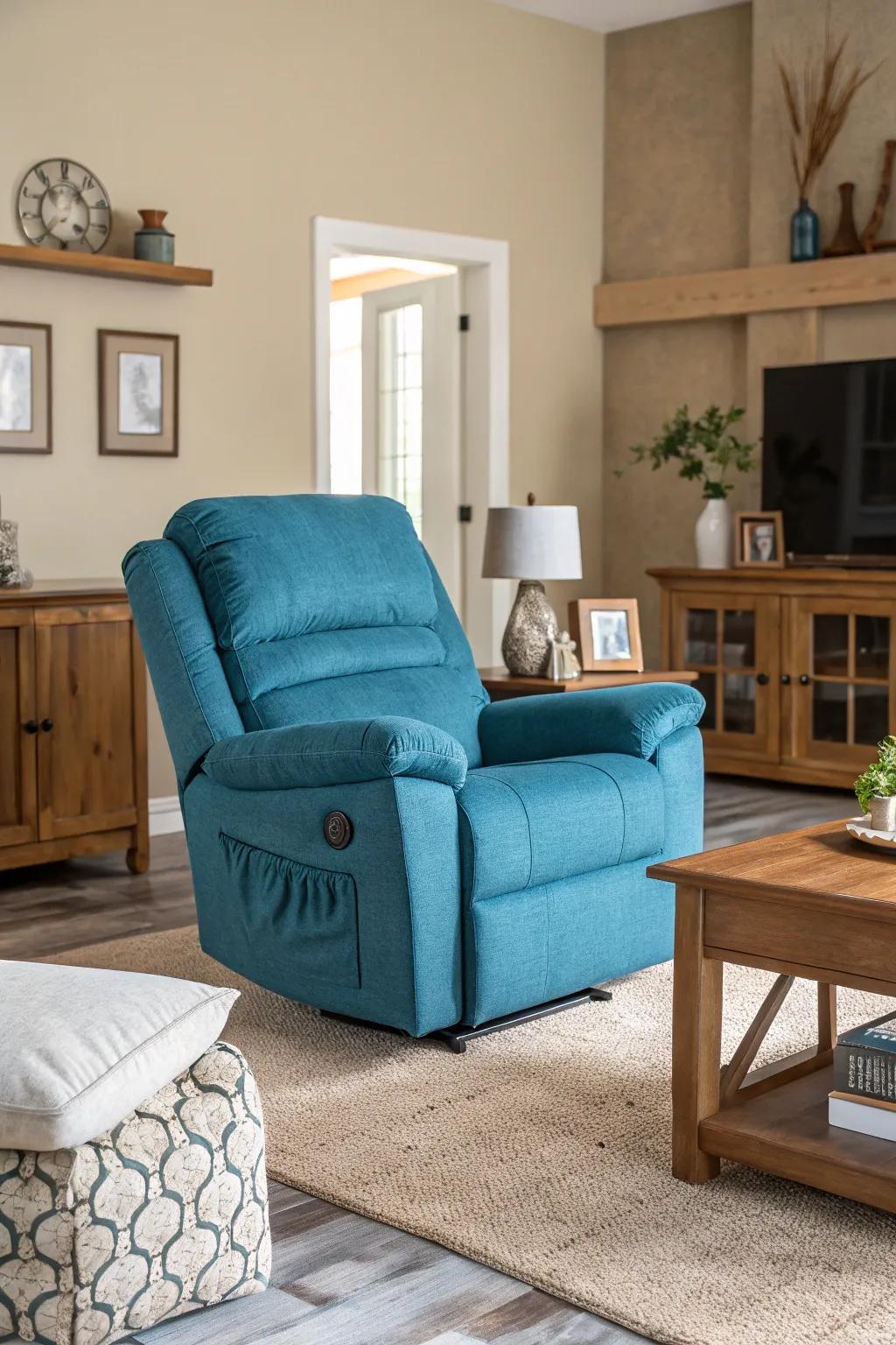 A striking recliner becomes the center of attention in this neutral living space.