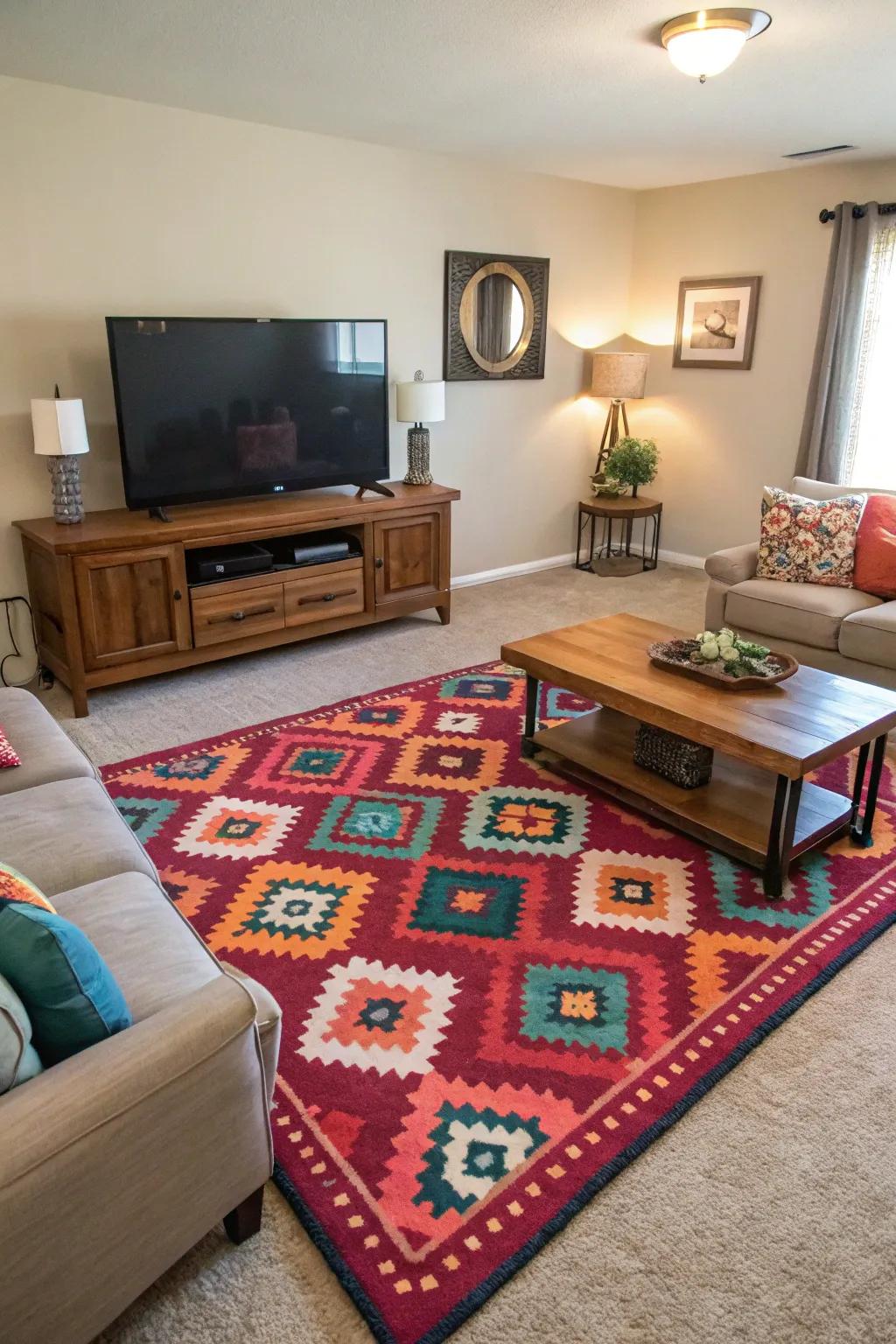 A statement rug elevates the TV area with color and texture.