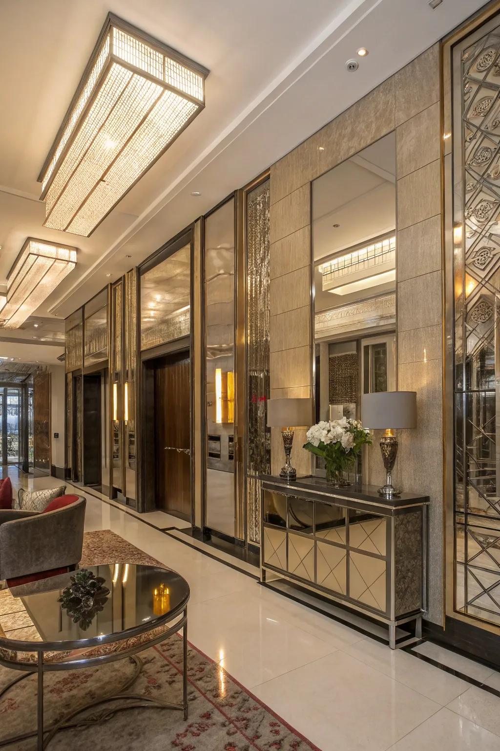 A glamorous entryway with reflective elements