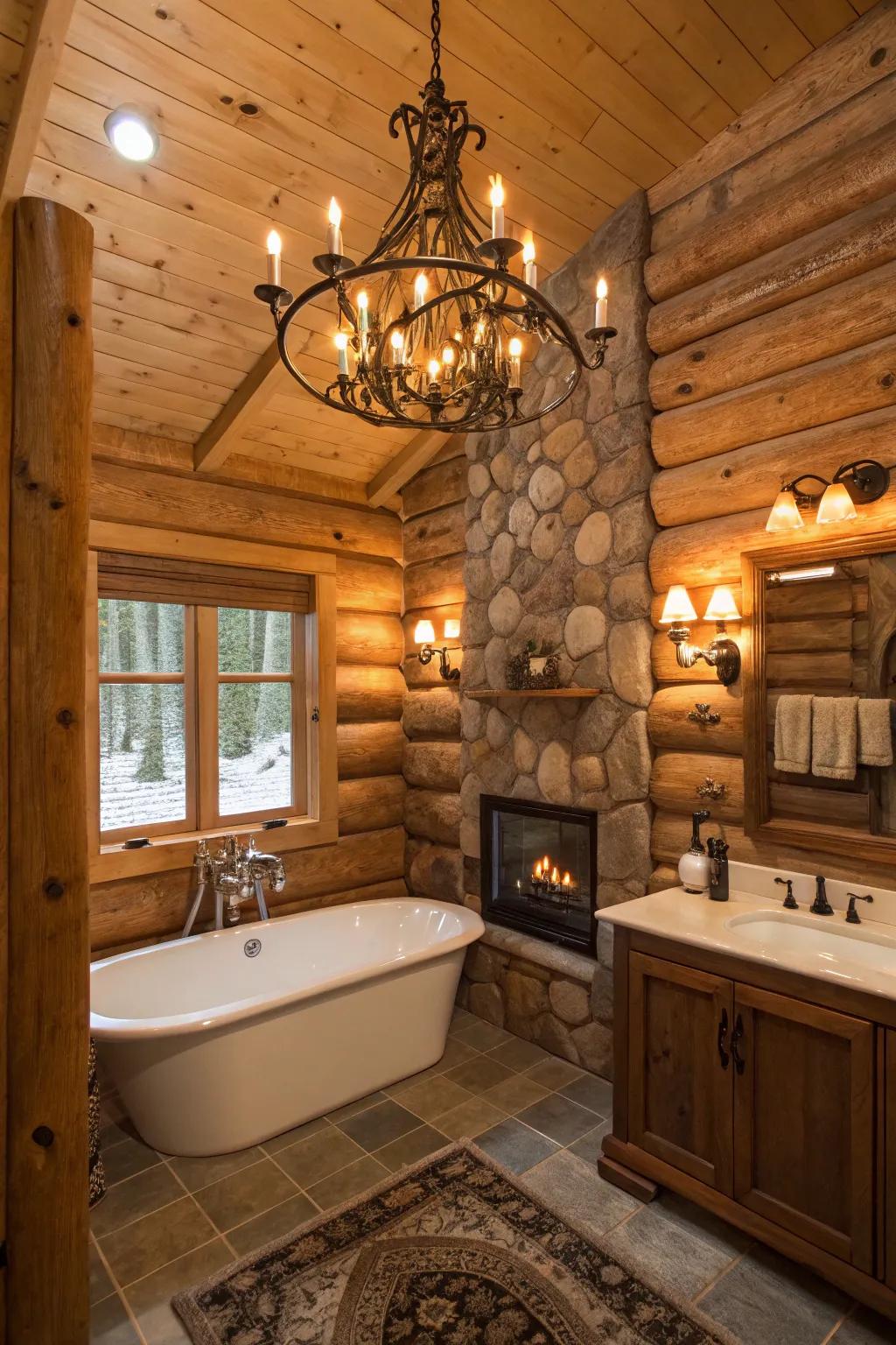 A log cabin bathroom with countryside lighting parts.