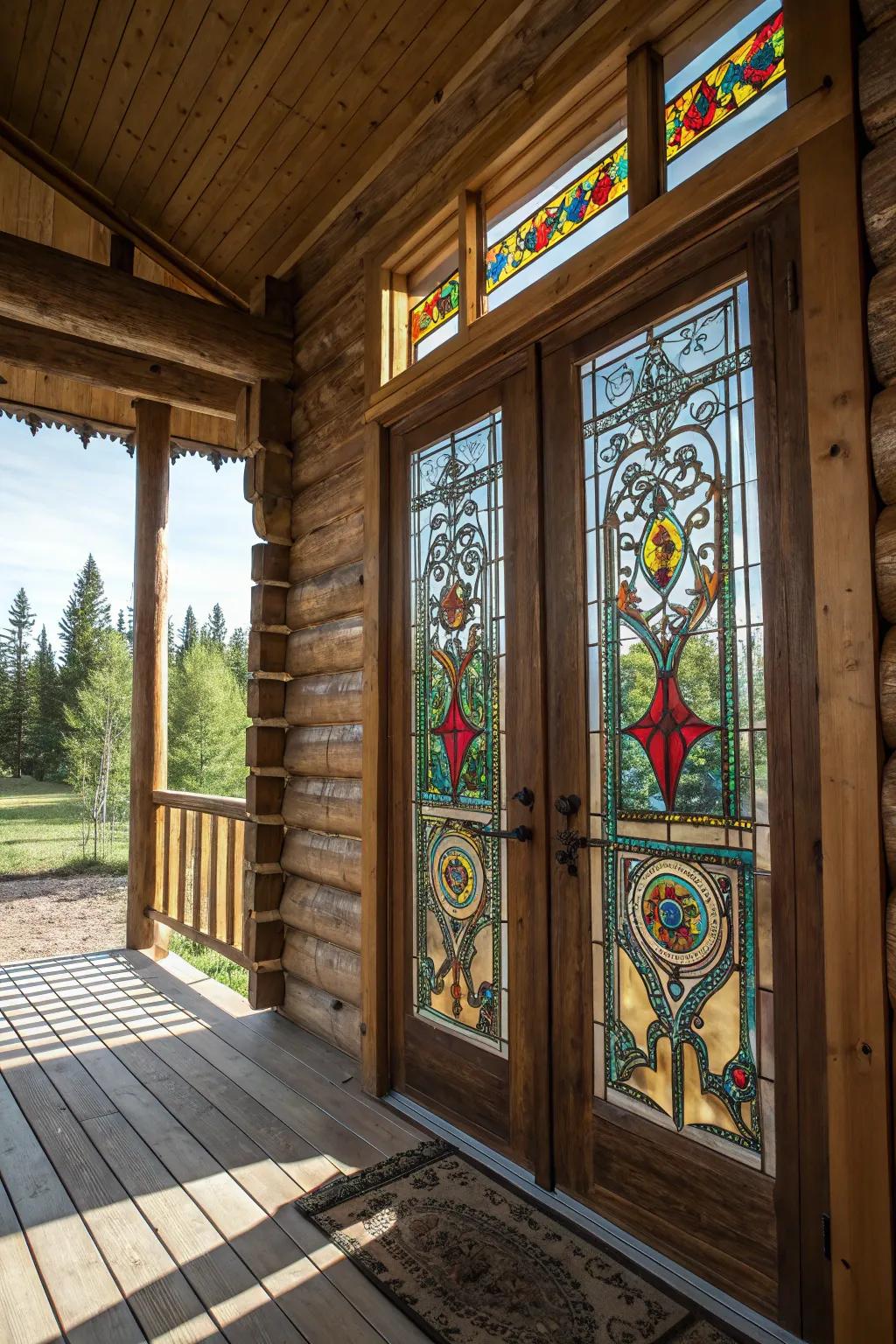A cabin door showcasing colorful stained glass panels.
