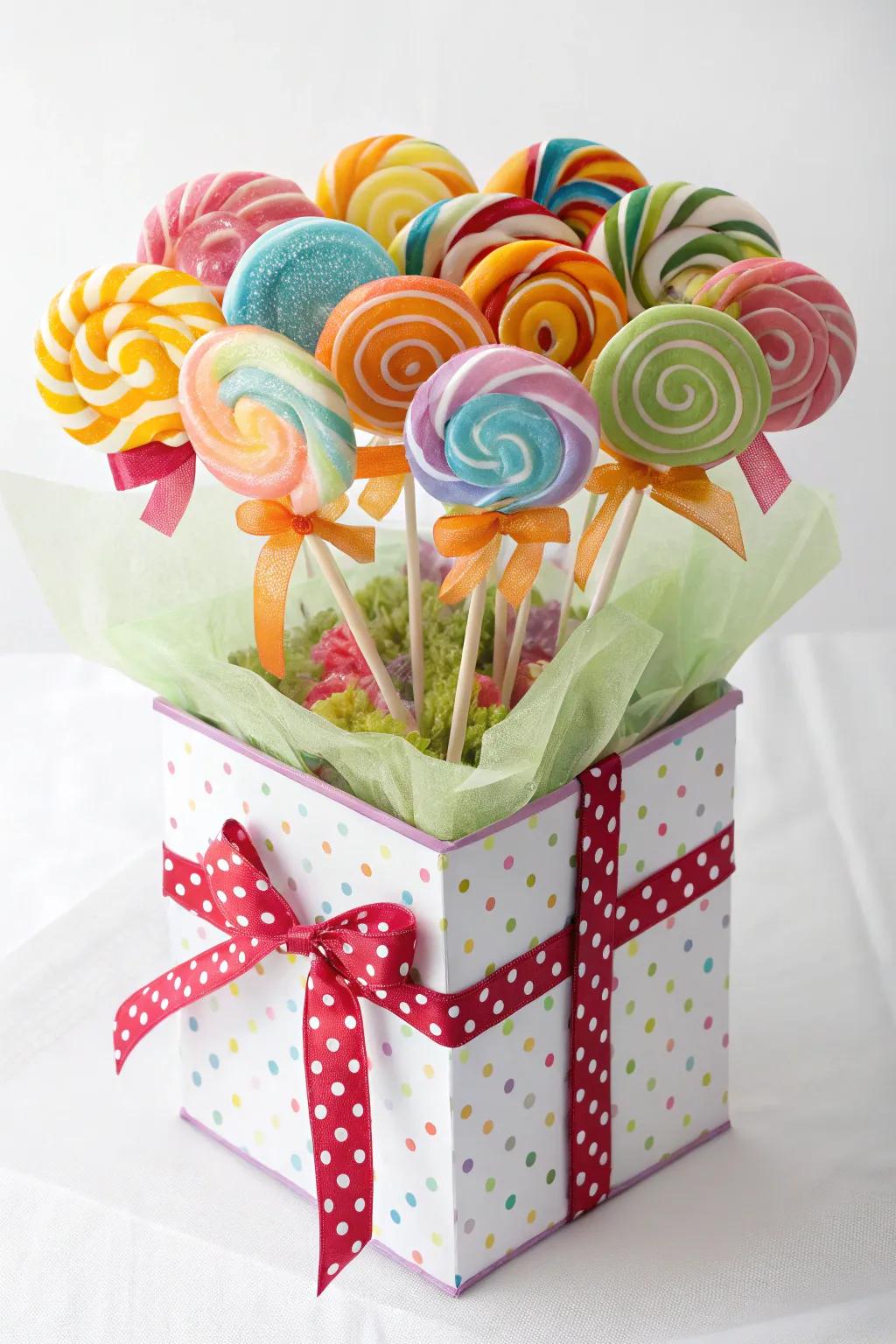A surprising candy bouquet inside a gift box