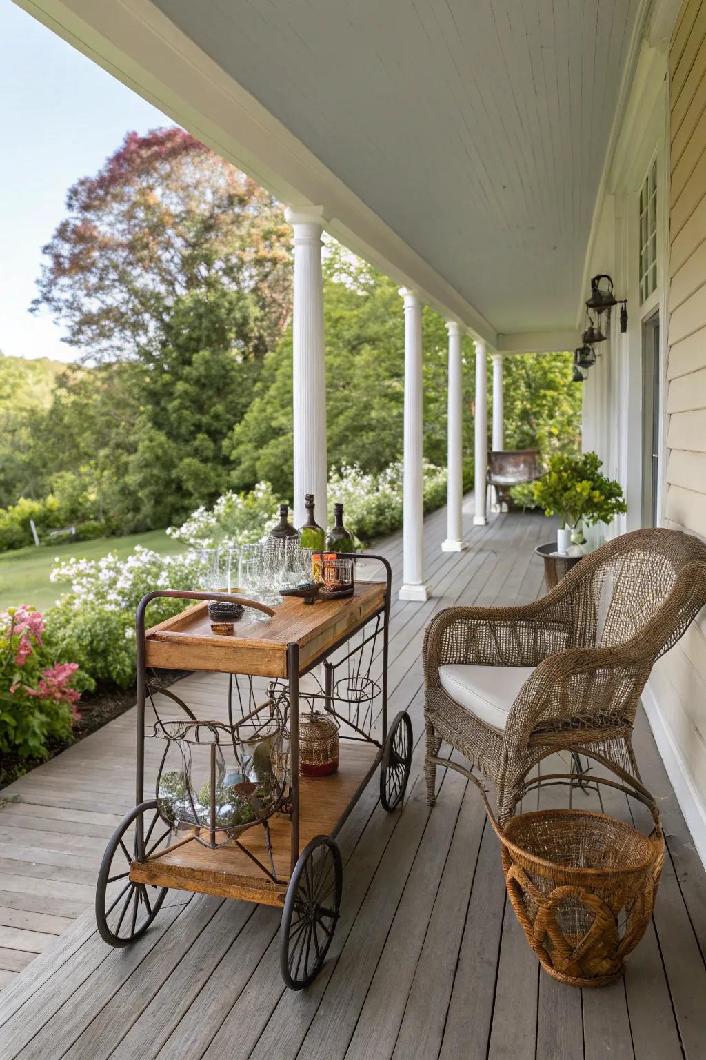 Unexpected elements like a bar cart add surprise and interest to a porch.