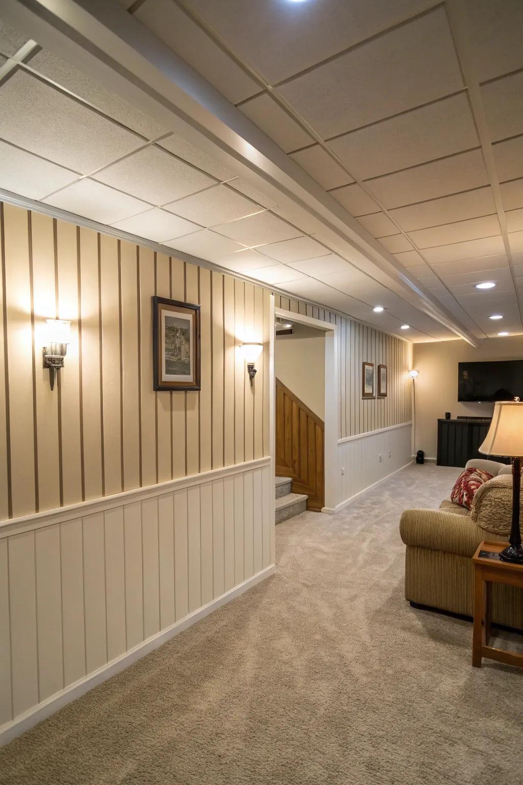 Upright paneling develops the illusion of higher walls.