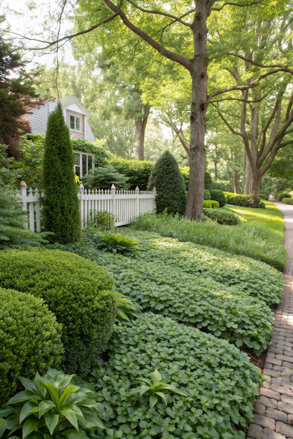 Ground cover plants making a surface that’s lush and easy to care for.