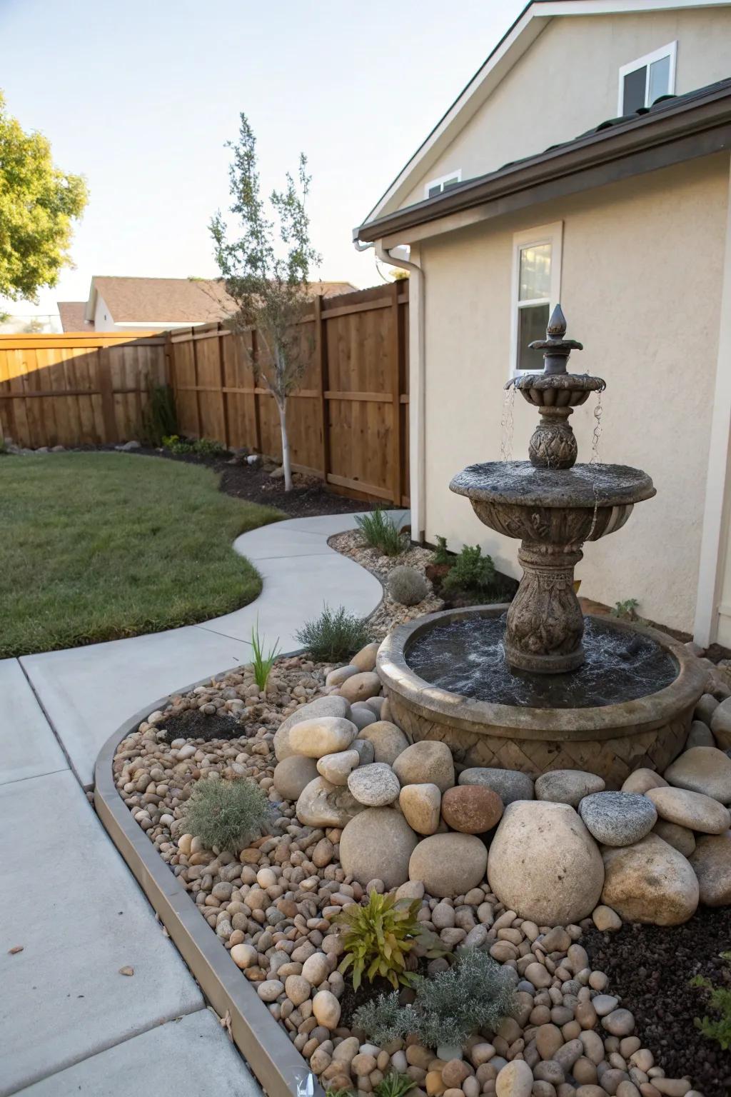 A water feature adds tranquility and a calming ambiance.