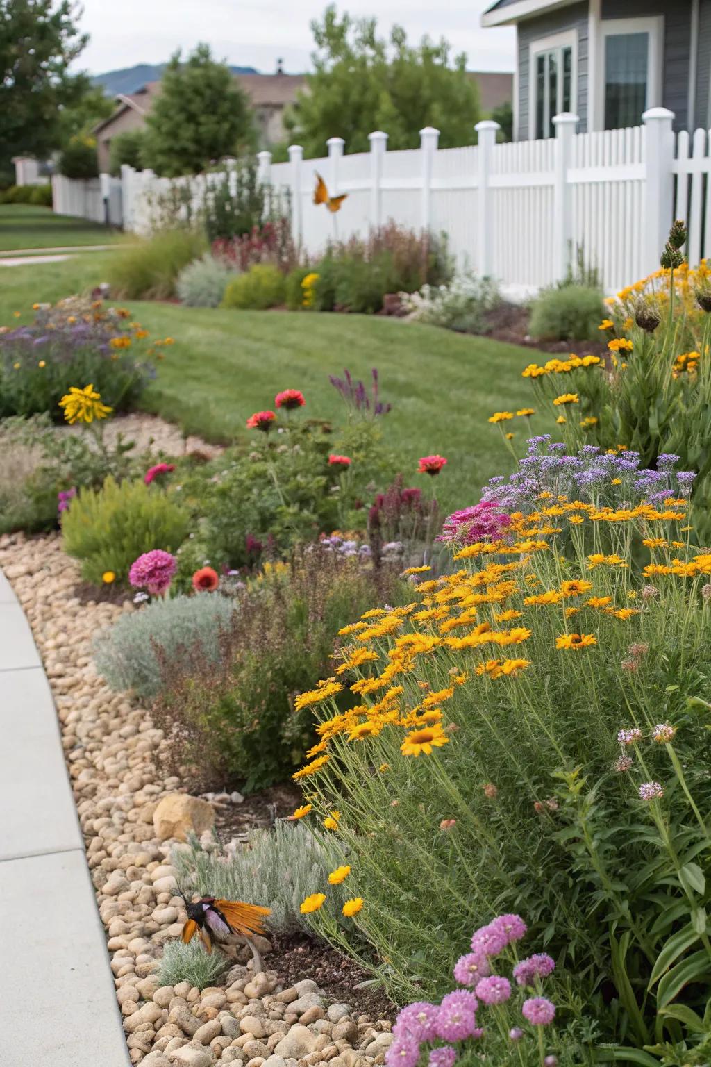 Perennial plants invite pollinators and seasonal color into a xeriscape yard.