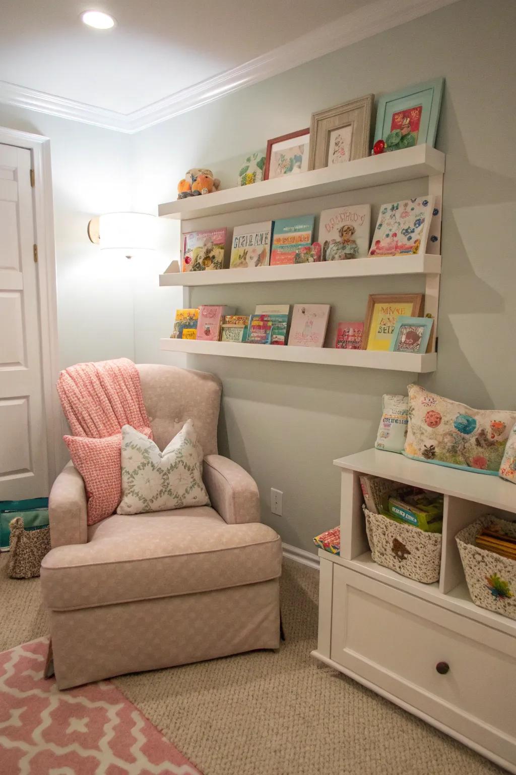 A nursery with tailored built-in shelves that add charm and practicality.
