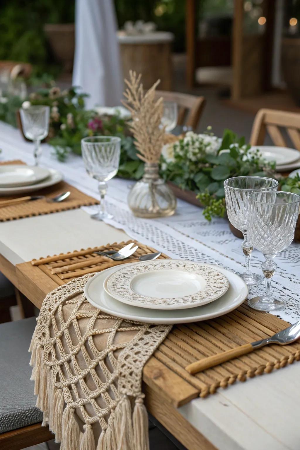 A macrame table overlay introducing rustic elegance to dining.