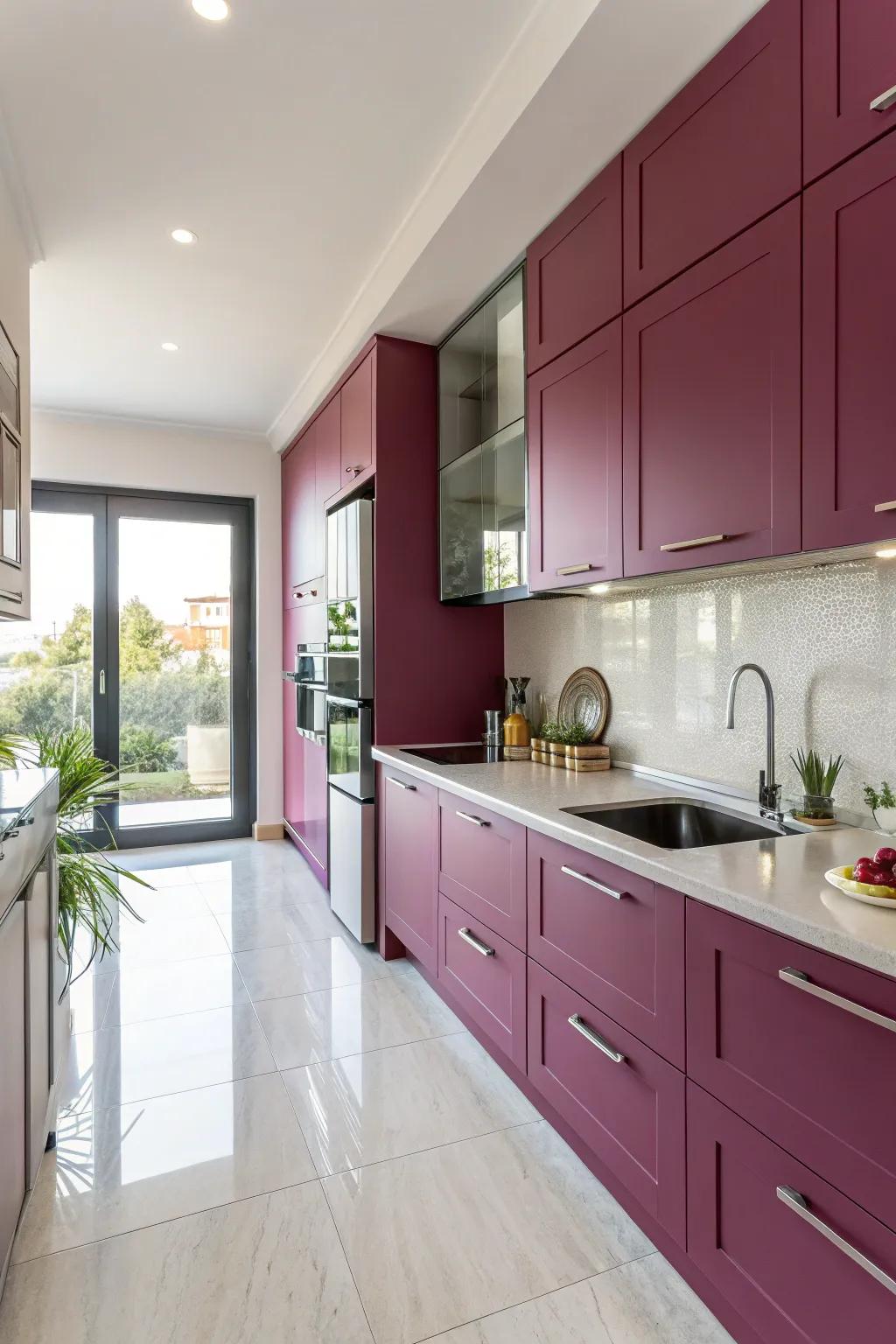 Magenta cabinets offer a surprising and delightful twist in this modern kitchen.