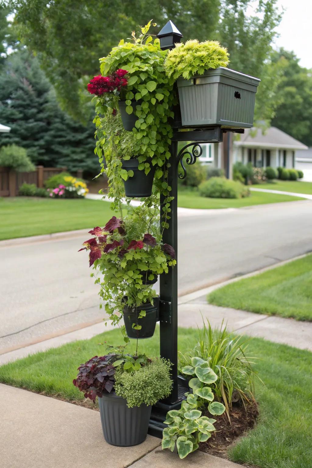 Explore vertical gardening on your mailbox post for a standout feature.