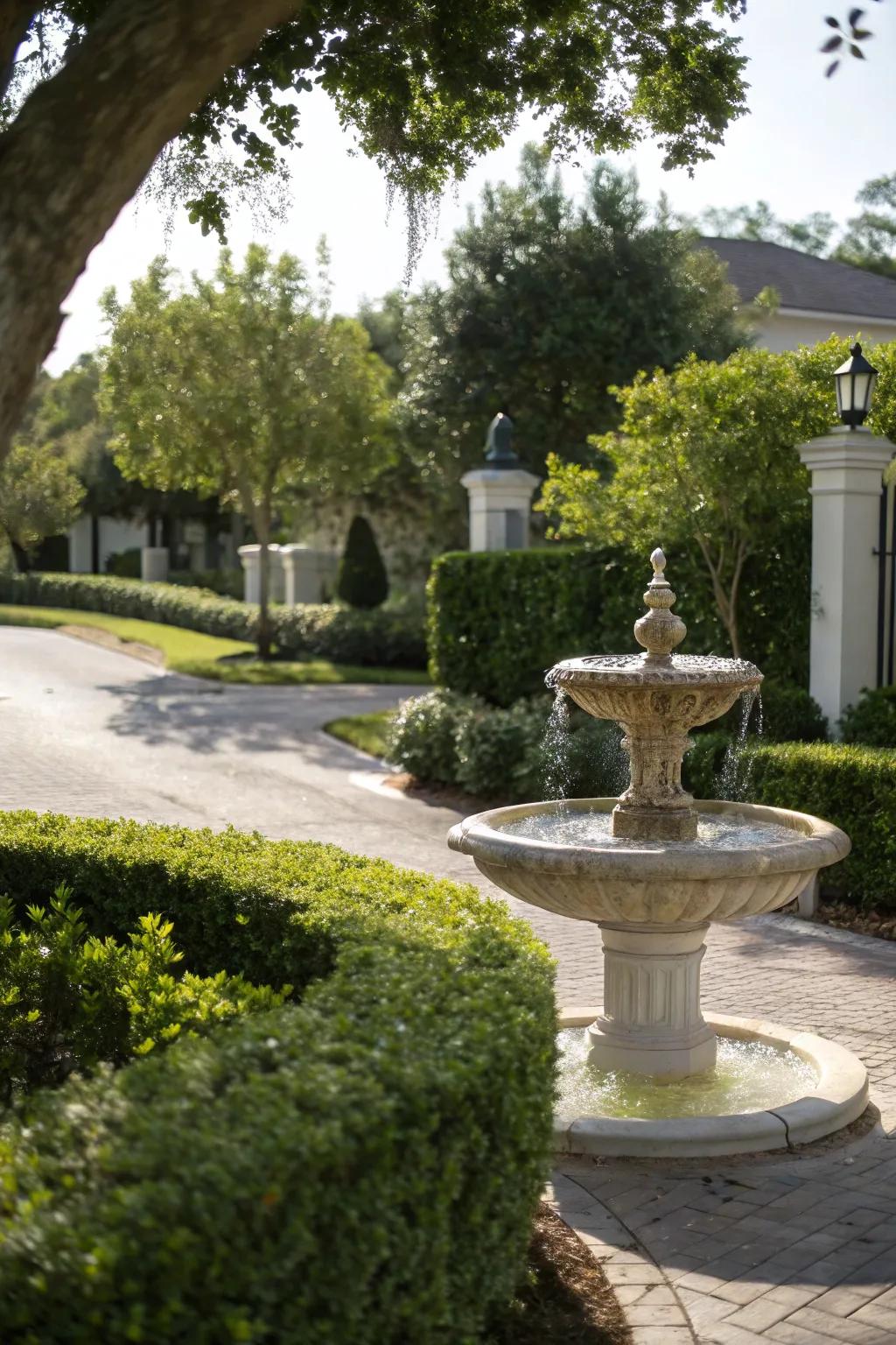 A peaceful fountain enhancing the entrance’s aesthetic.