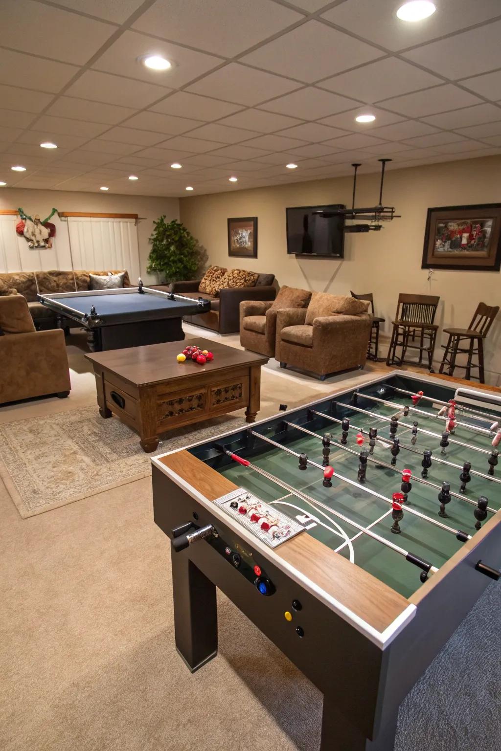 Incorporate a competitive element into your man cave using table soccer and table tennis.