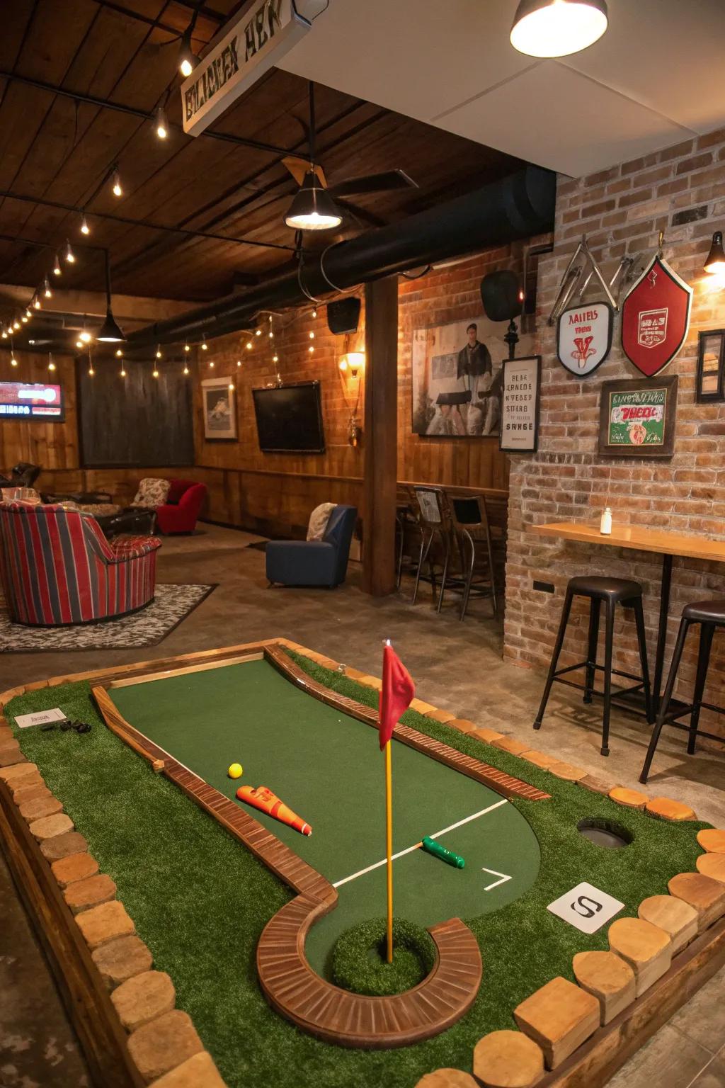 A playful mini golf setup in a man cave.