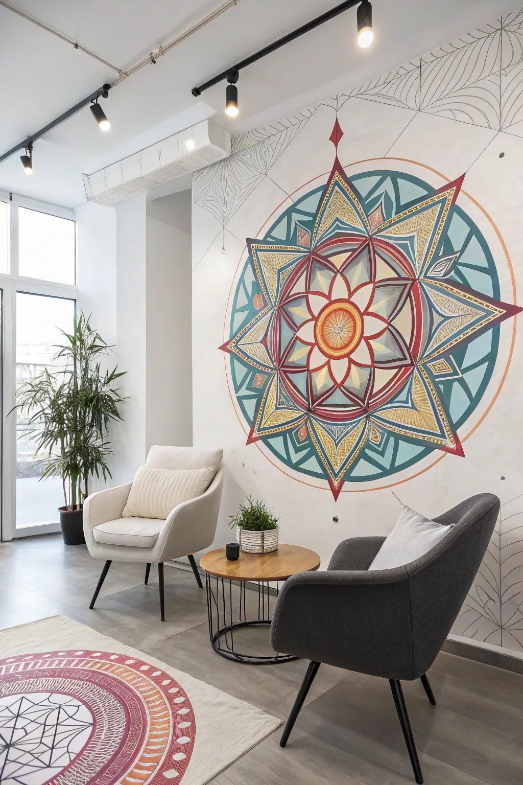 A symmetrical sacred geometry design stylishly joining styles in a studio.
