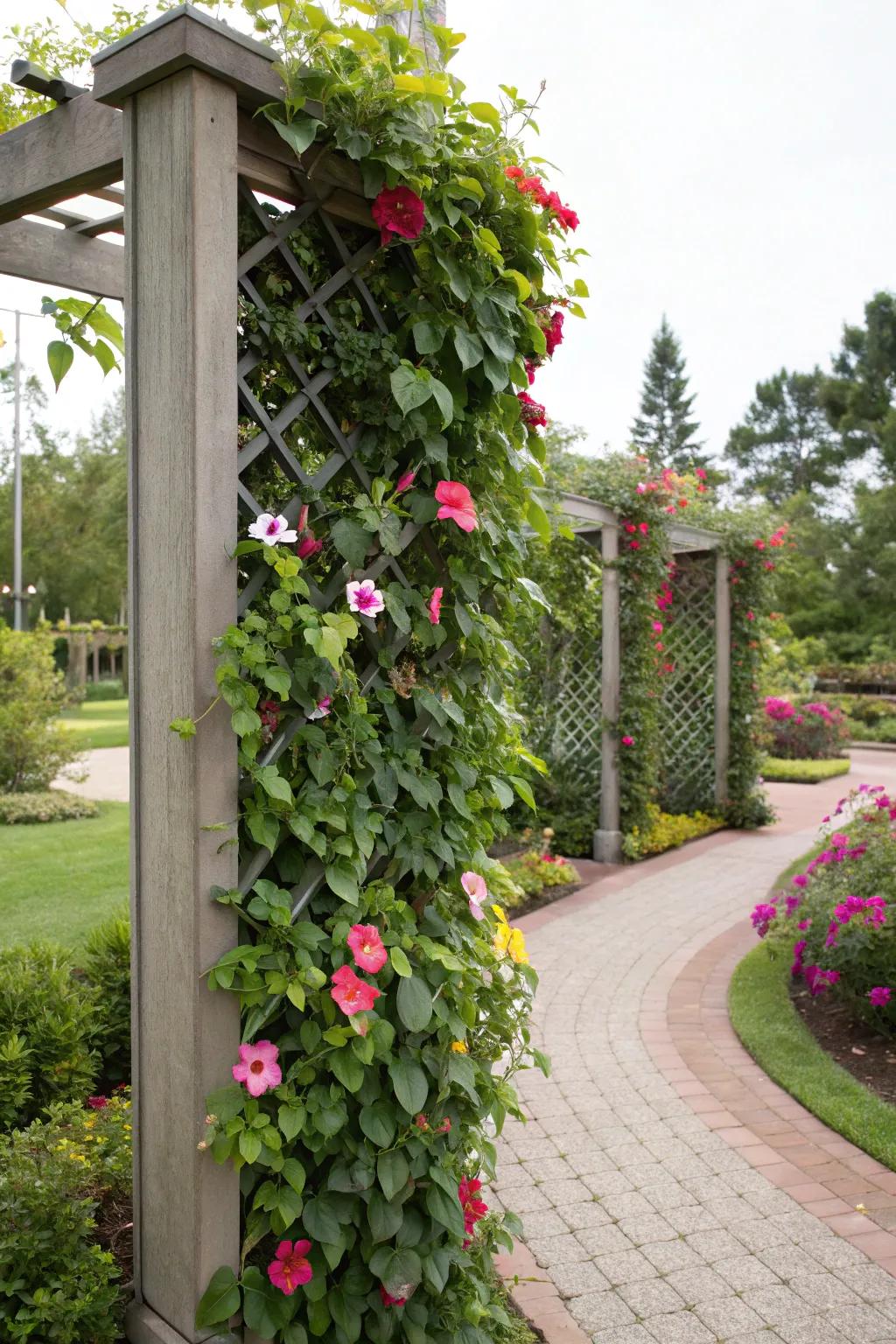 A trellis screen divider featuring mandevilla establishes distinct and inviting garden spaces.