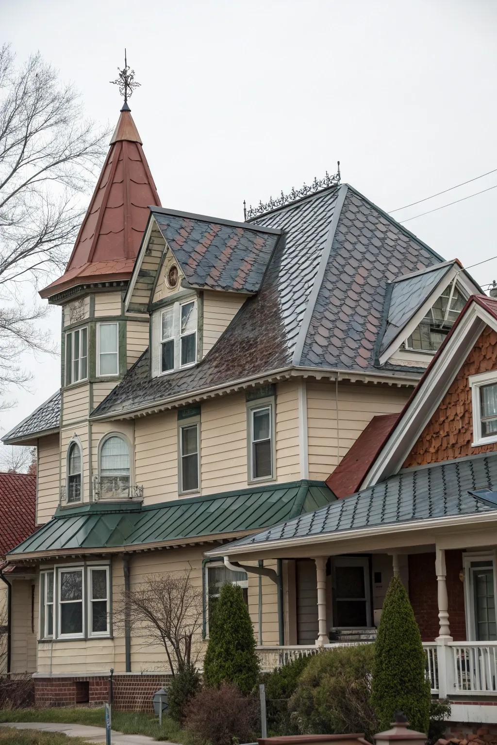 A mix of materials adds texture and interest to this mansard roof.