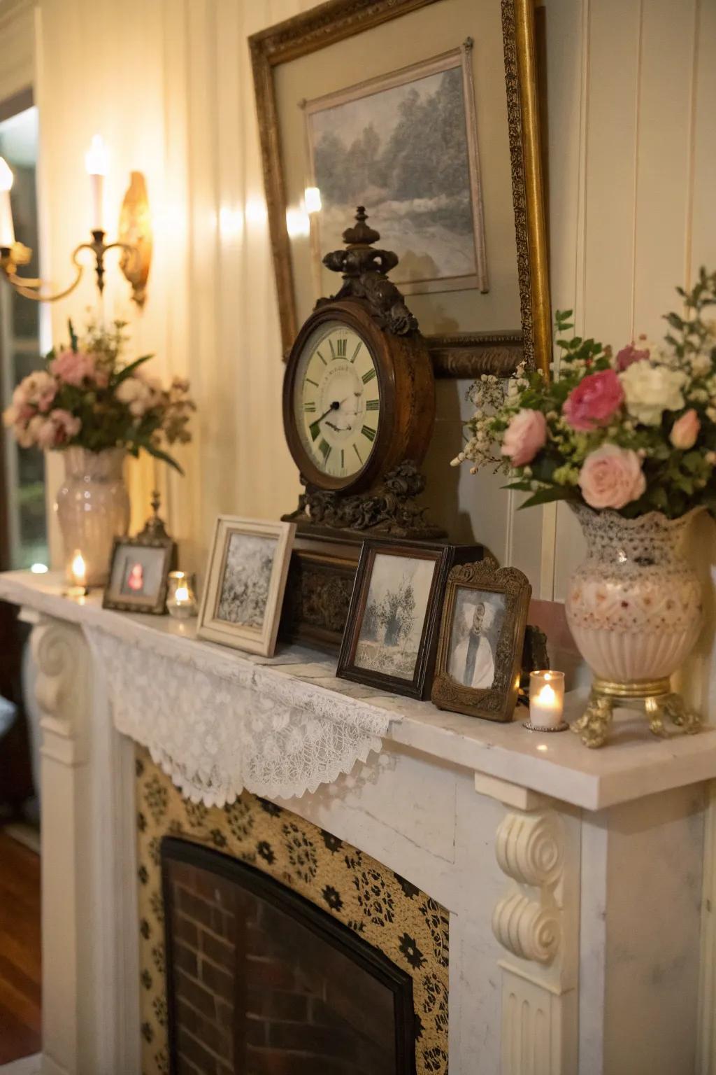 A vintage mantel featuring an antique clock and nostalgic accents.
