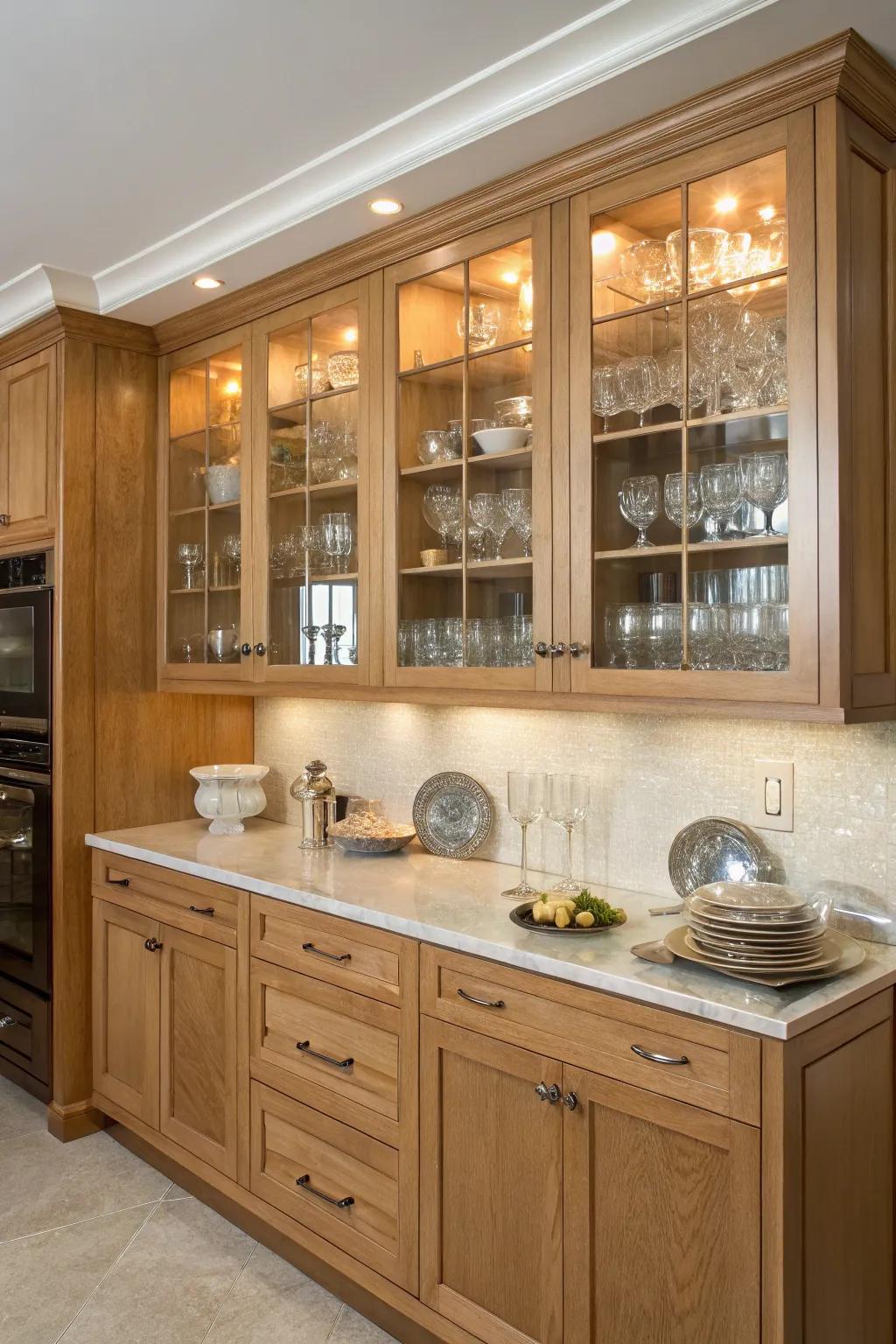 A sophisticated cooking space blending maple with glass-front cabinets.