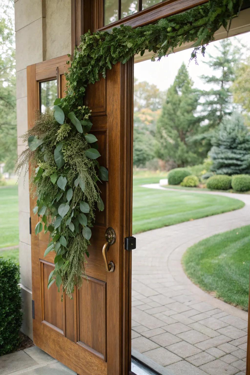 Vegetation festoon infuses your entryway with a revitalizing and authentic accent.
