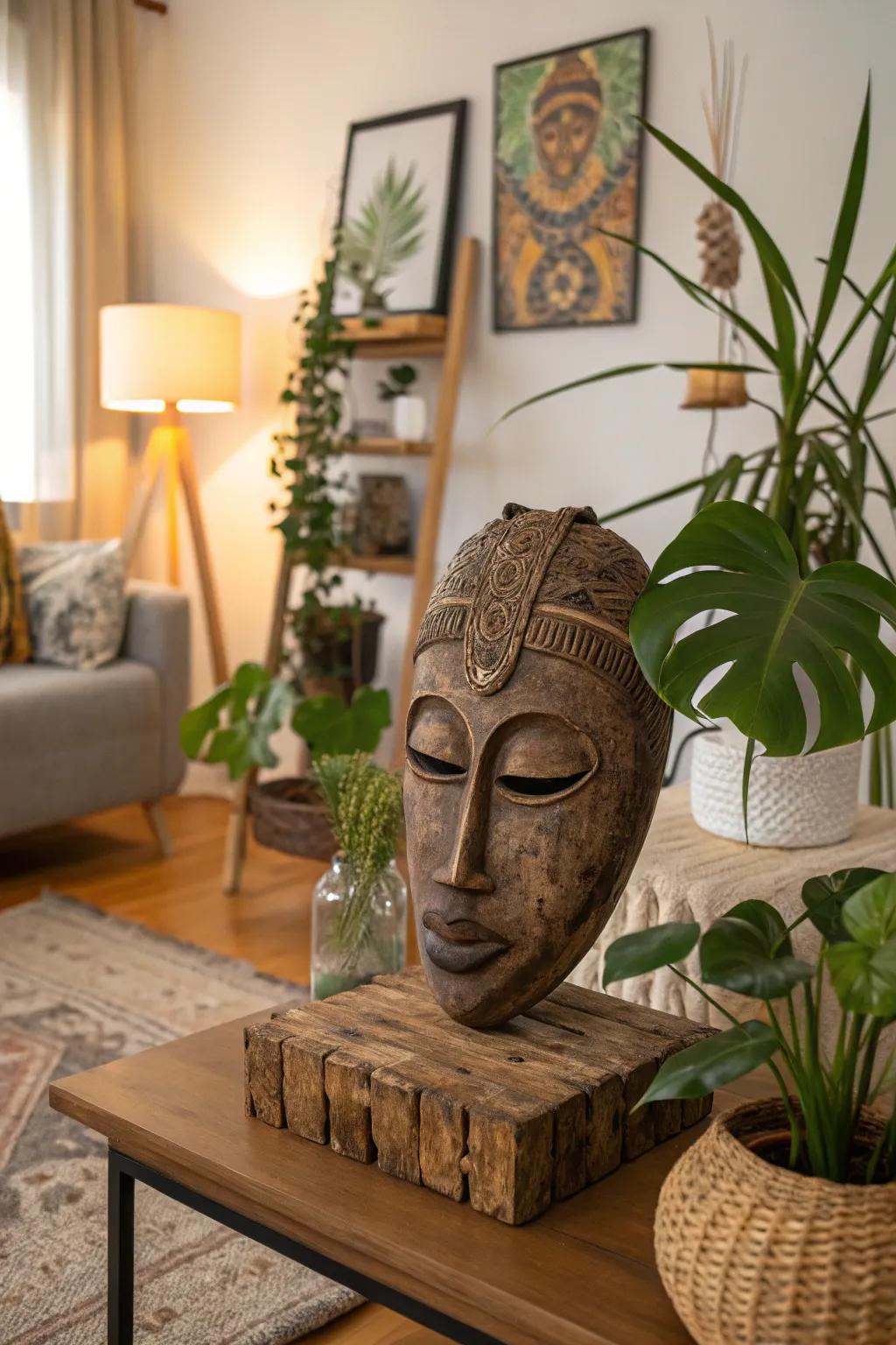 A natural mask artwork that introduces warmth to home settings.