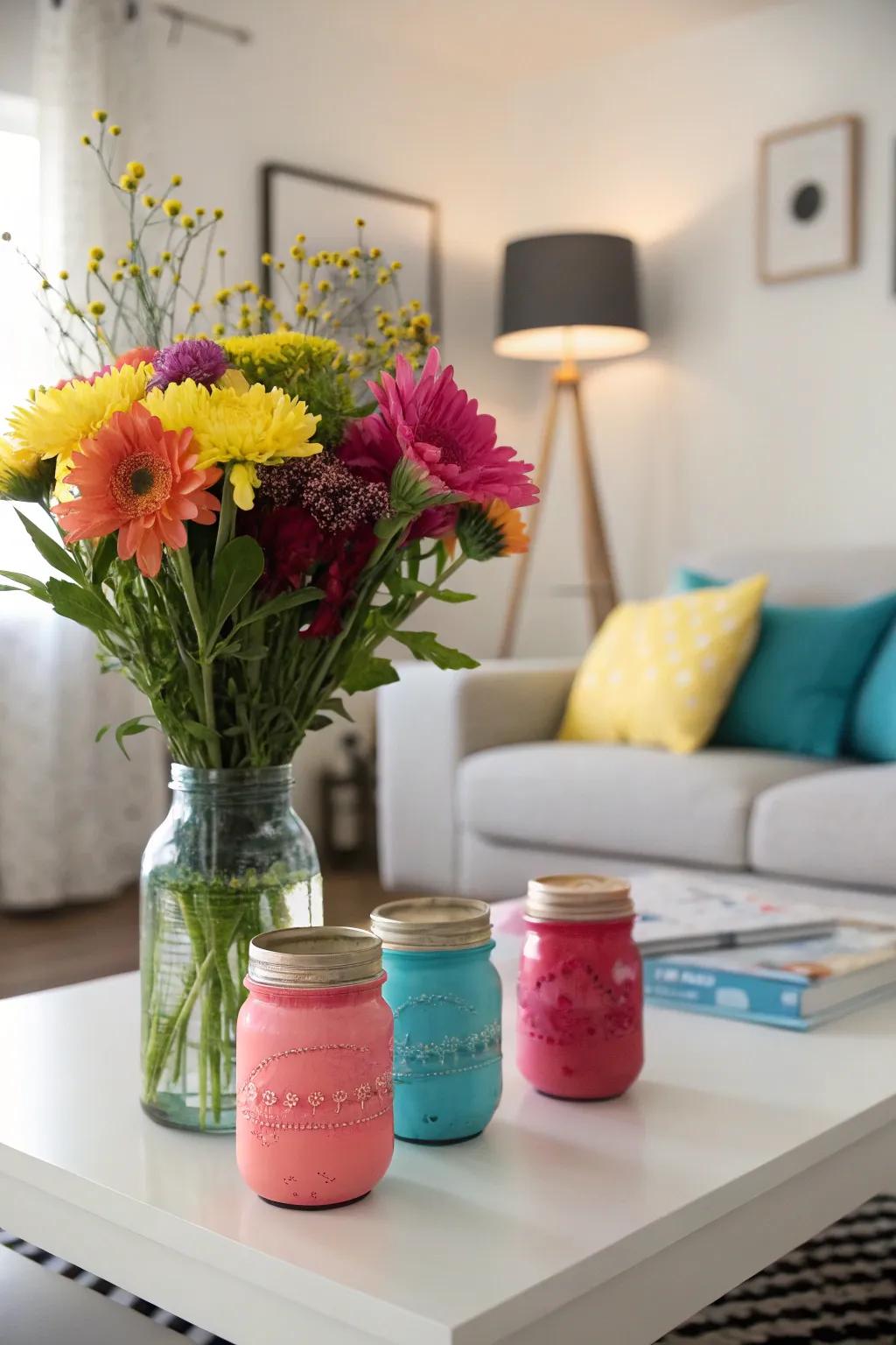 Vibrantly painted mason jars doubling as stylish vases.