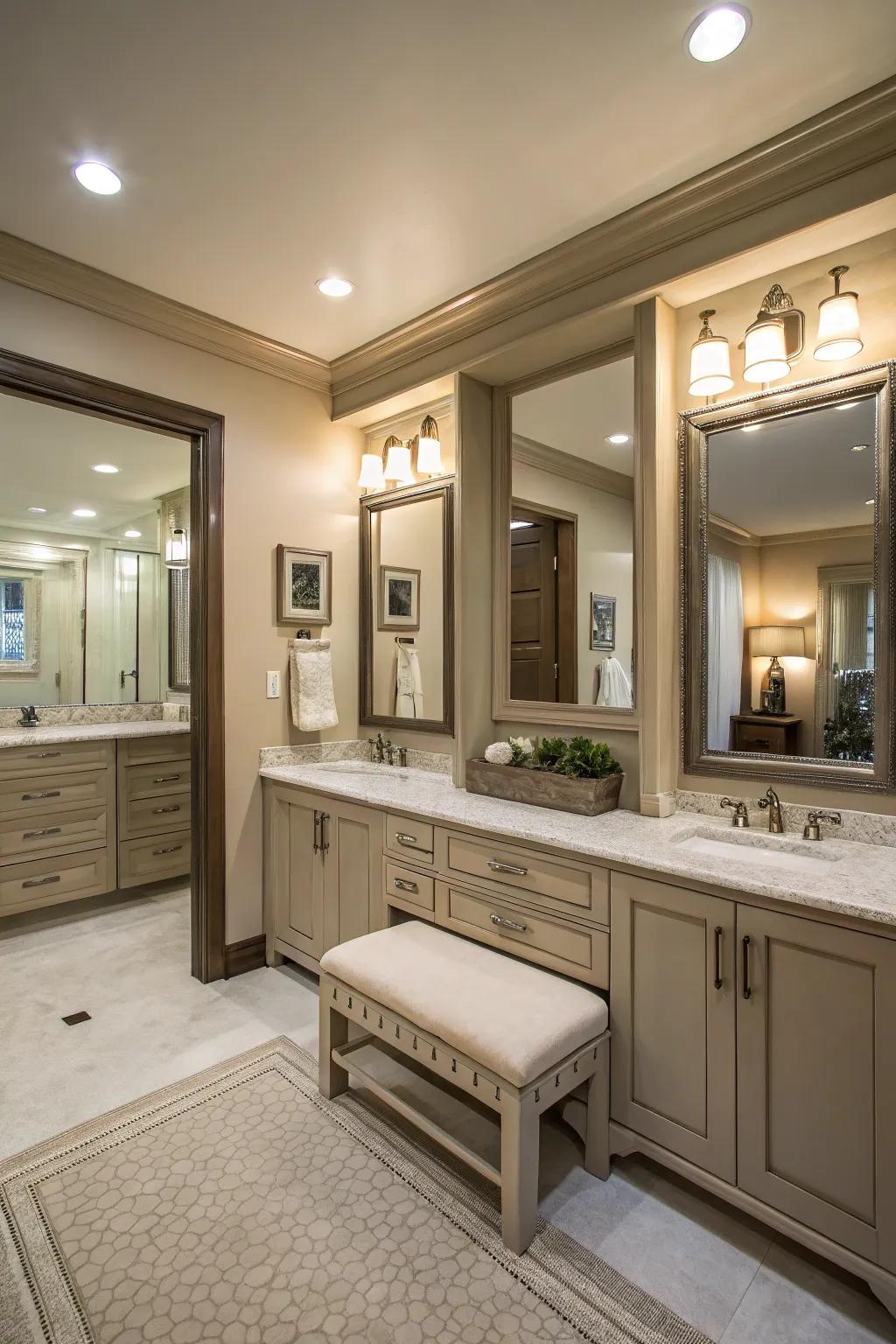 This bathroom features a convenient dressing area, perfect for a leisurely start to the day.