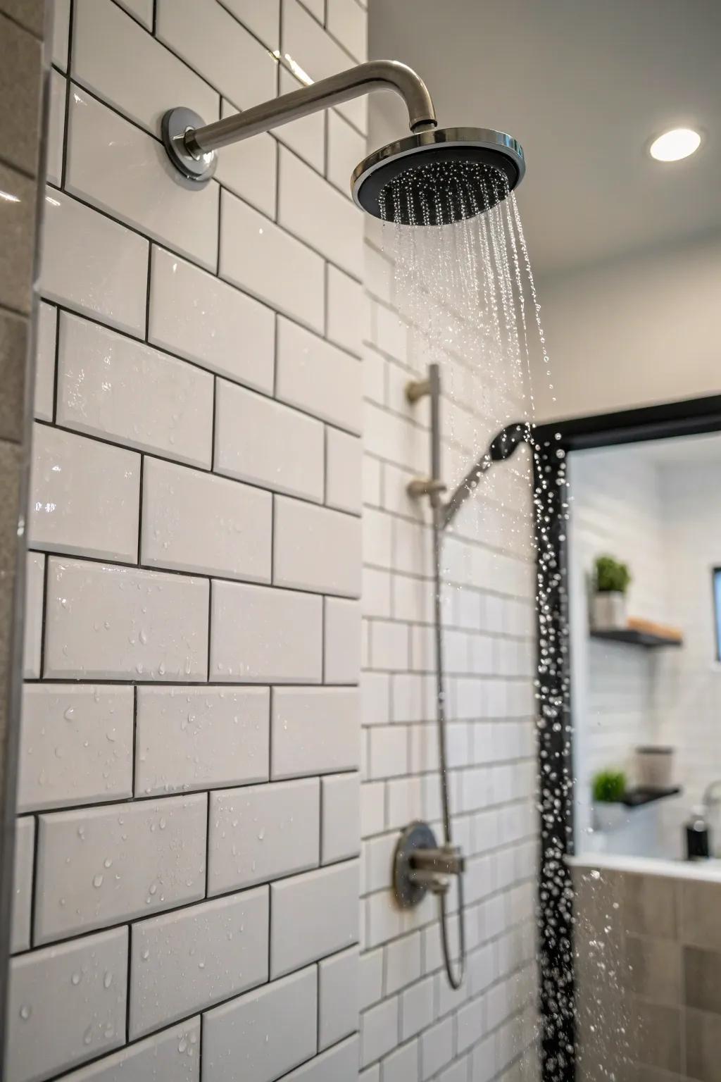 A shower presenting minimalist subway pavers, delivering ageless elegance.
