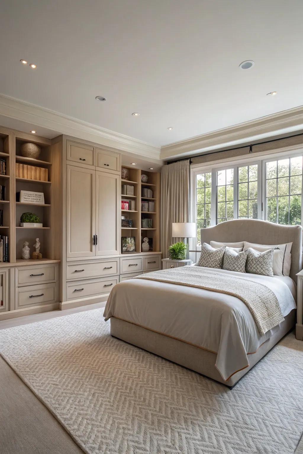 Fitted storage keeps the master bedroom organized and clutter-free.