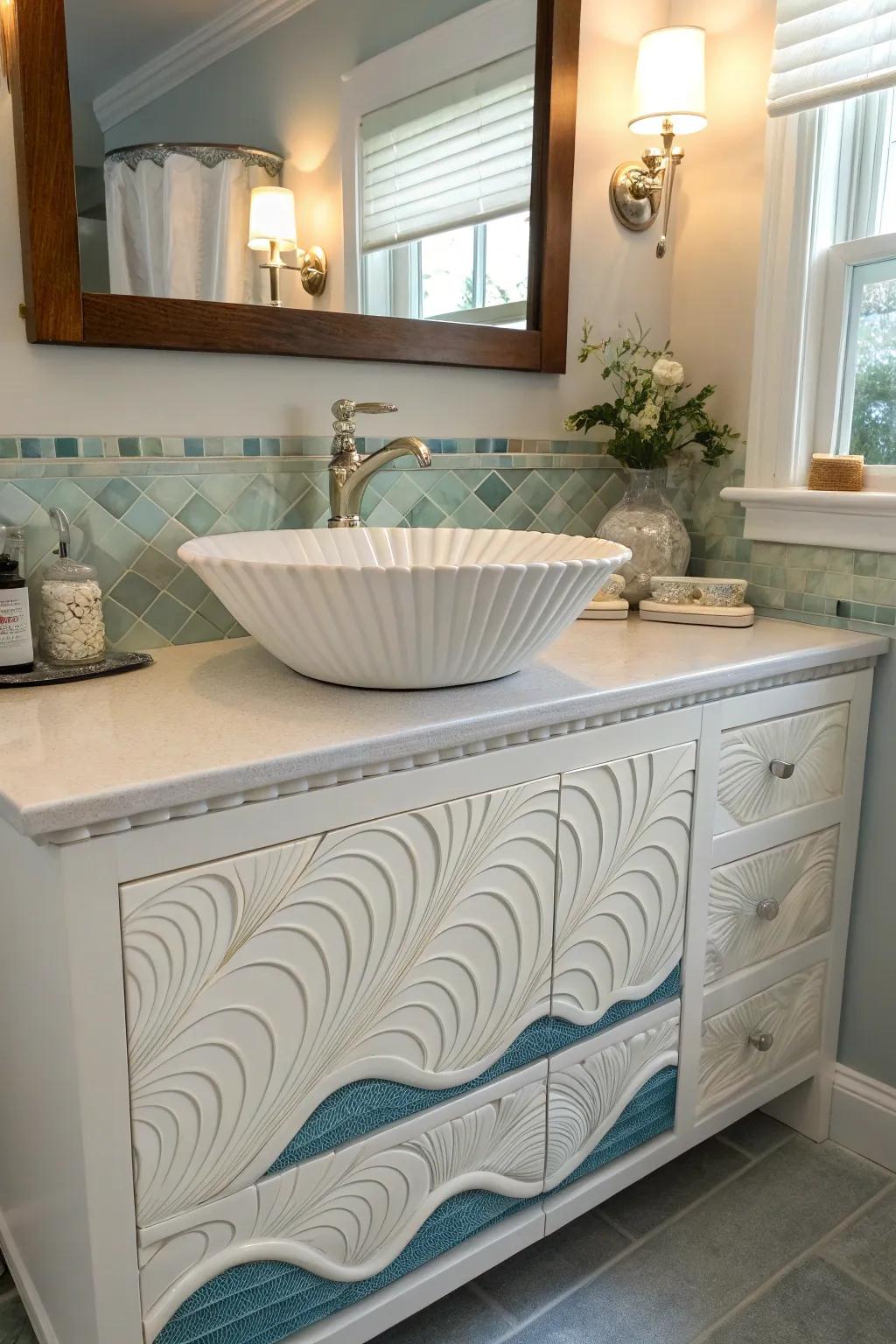 A shell-inspired sink contributes a distinctive charm to the bathroom.
