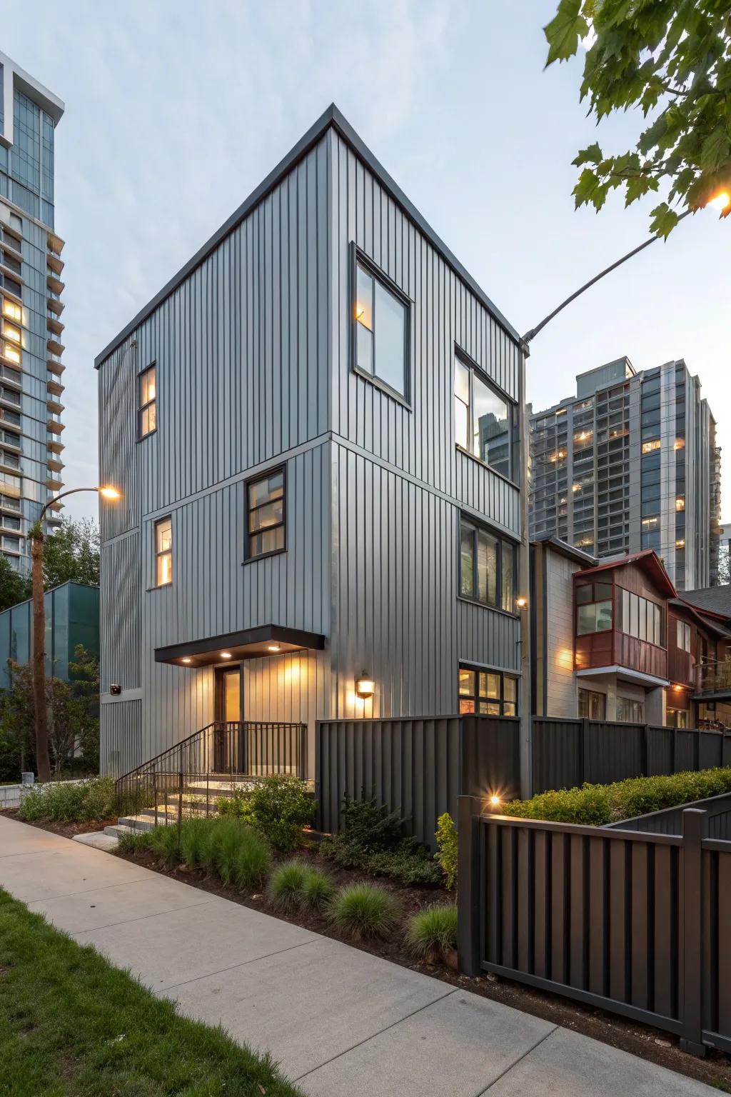 A stylish urban house featuring grooved metal cladding for a trendy urban aesthetic.